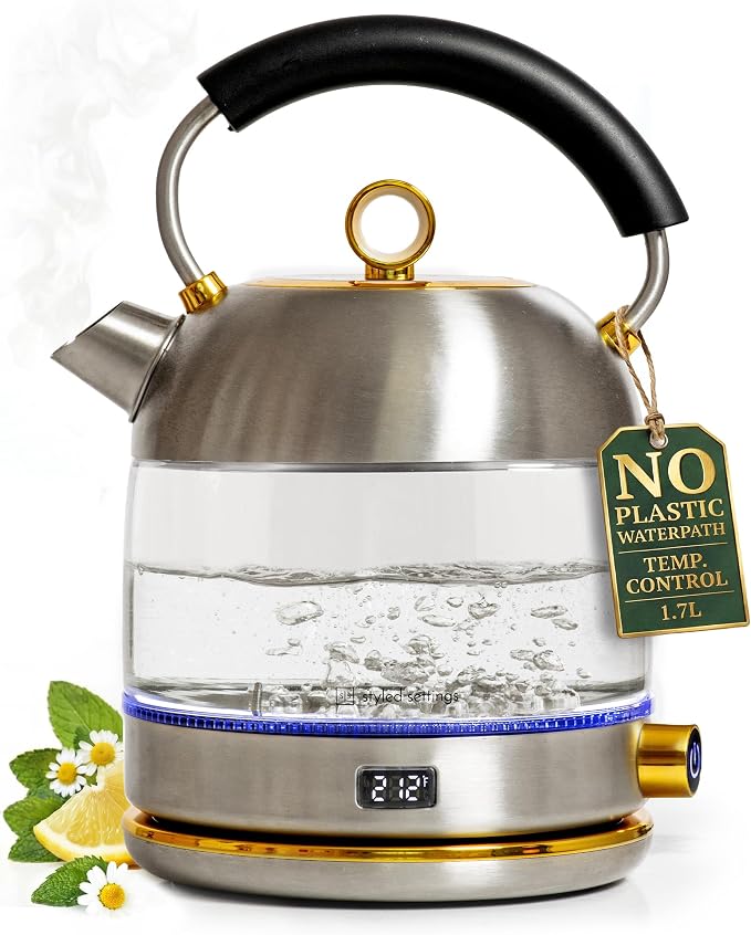 Styled Settings Stainless Steel Electric Kettle with Temperature Control | BPA and Plastic Free Electric Kettle with Keep Warm Function, Borosilicate Glass -1500W Hot Water Boiler with Digital Display