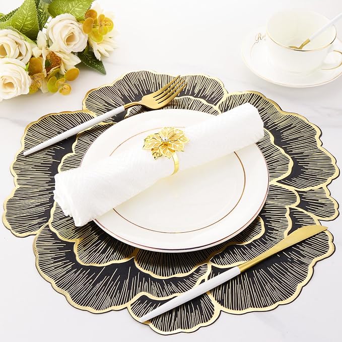 Evevda Placemats Set of 6 Gold Flower Placemats for Dining Table | Round Pressed Vinyl Metallic Table Mats 15 Inch for Home Kitchen Wedding Holiday Party Decoration