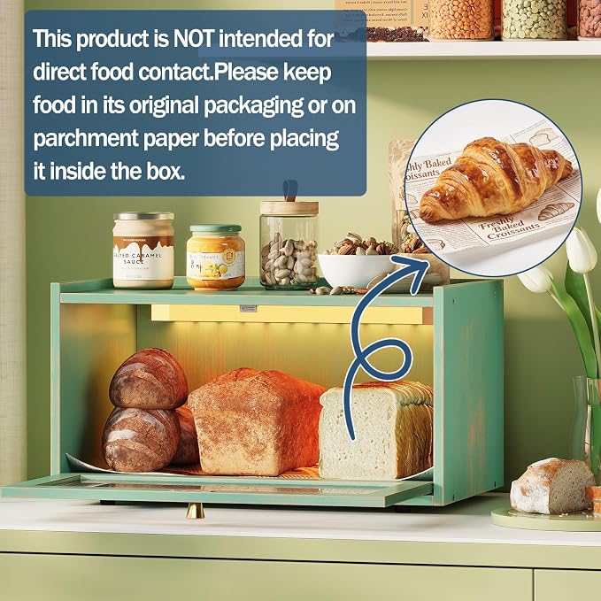 Trironsun Bamboo Bread Box with Led Light for Kitchen Counter Large Capacity Bread Storage Container Kitchen Countertop Organizer with Window Bread Holder (Antique Blue)
