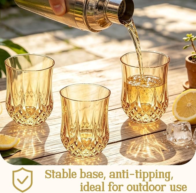 24 Pack 12 Oz Plastic Stemless Wine Glasses, Gold | Unbreakable, Reusable, Elegant Vintage Design, Fancy Cocktail Cups, Whiskey, Champagne, Wedding, Party, Bars, Holiday Events