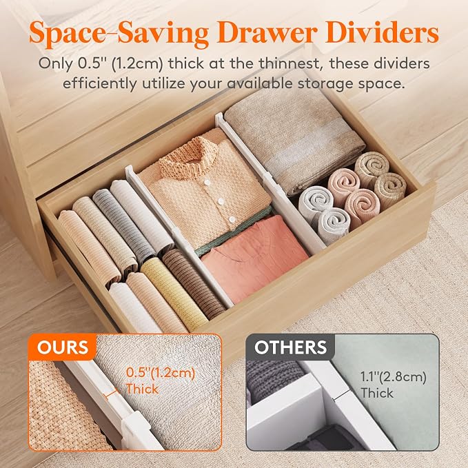 Lifewit 8" Tall Drawer Dividers, Adjustable Deep Drawer Organizer Clothes | 6 Pack 13.8"-22.2" Expandable White Plastic Separators for Dresser, Kitchen, Cabinet, Closet, Office Organization & Storage