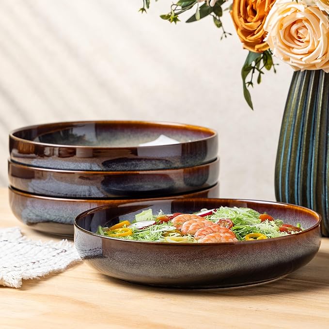8.5" Ceramic Pasta Bowls Set of 4, Salad Bowls | Versatile Serving Bowls for Pasta, Salad, Fruit & Noodles, Housewarming & Wedding Gift, Mocha Brown