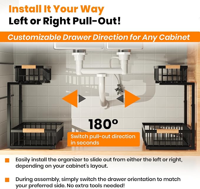Under Sink Organizer, 2-Tier Pull-Out Cabinet Organizer – Adjustable Height, Left or Right Install – Smooth Slide-Out Drawers, Heavy-Duty Metal Rack for Kitchen & Bathroom, 1 Pack