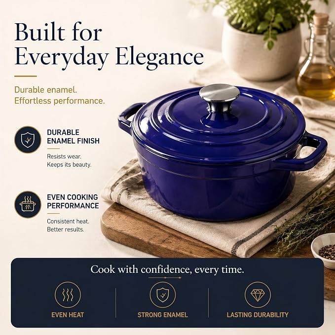 AHJ Cast Iron Dutch Oven Set - 4 Piece Nesting Enameled Cookware with Lid | 4.8Qt 2.6Qt 1.3Qt Enameled Cast Iron Cookware Set for Sourdough Bread Baking, Slow Cooking, Stews, Braising & Roasting, Blue