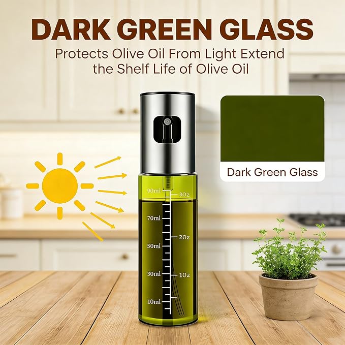 Light Blockage Olive Oil Sprayer for Cooking, 100ml/3.38oz Food Grade Oil Dispenser Bottle, Leakproof Kitchen Oil Mister for Air Fryer, Salad, Frying, BBQ & Baking