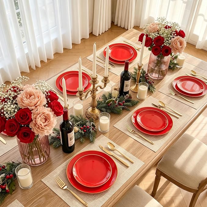 IOOOOO 150Pcs Red Plastic Plates,Red Disposable Plates with Gold Rim | Sturdy Hard Disposable Plates Set Include 30 Dinner Plates,30 Dessert Plates, 90 Plastic Silverware Set for Wedding, Events.