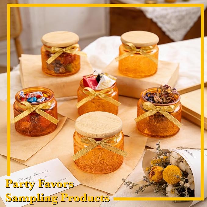 4 oz Decorative Small Glass Jars with Airtight Bamboo Lids, Orange 6 Pack | Vintage embossed color coated containers, kitchen pantry bathroom organization & decor, spices, DIY gifts, candle making