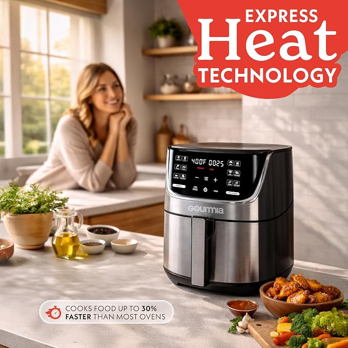 Gourmia Air Fryer - 7 Qt Capacity, LED Display, 12 One-Touch Presets, FryForce 360° Technology, Nonstick Dishwasher-Safe Basket & Crisper Tray, Stainless Steel