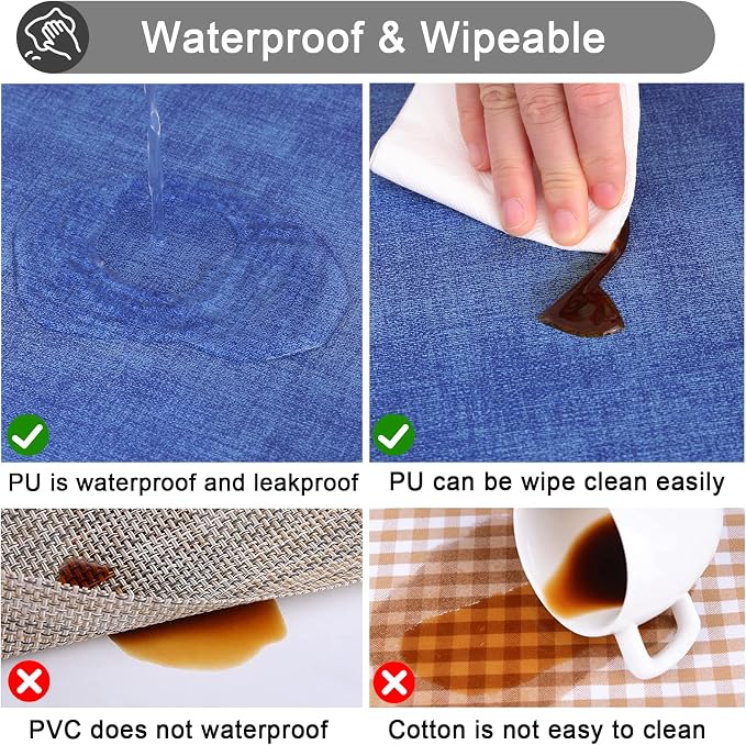 Faux Leather Heat Resistant Placemats 6 Packs, Waterproof Wipeable Dining PU Place Mats for Indoor & Outdoor, Easy to Clean, Sea Blue