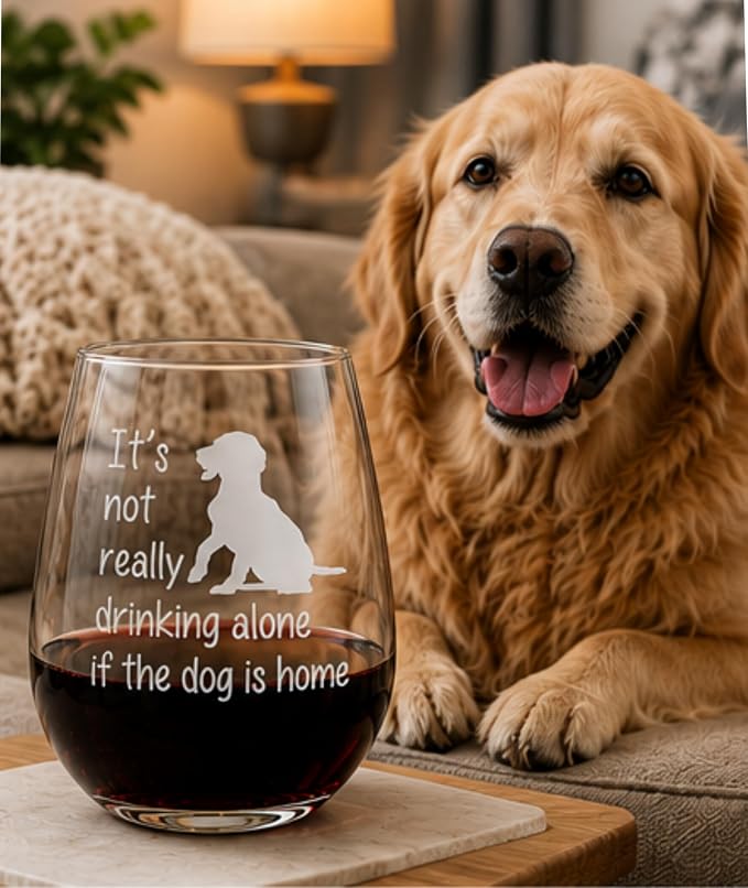 C M Stemless Wine Glass, The Dog Is Home, Funny Dog Lover Gift, Style D1 | 17 oz, Funny, For Him, Her, Dog Moms, Wife, Husband, Friend. Pet Owners, Cute Dog Gift for Men Women