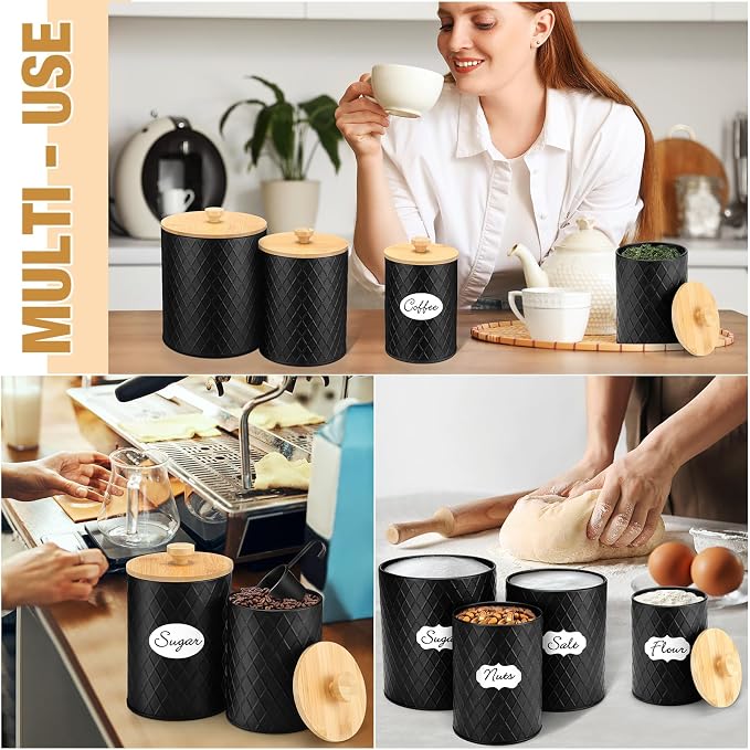 Reallnaive 4 Pcs Black Metal Coffee Canister Set with Bamboo Lid,4 Sizes | Airtight Container for Tea Sugar Flour, Diamond Textured Farmhouse Kitchen decoration, Countertop Organizer with Labels Spoon