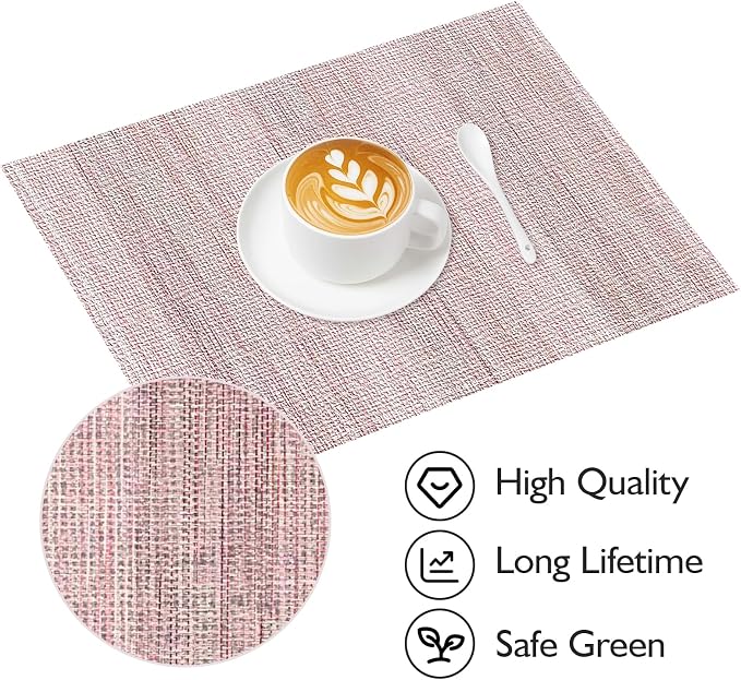 Pink Placemats Set of 4, 12x18 Inch Washable Easy to Clean Rectangular Cute Placemats for Kitchen Table Holiday Wedding Party Dining Room Decoration