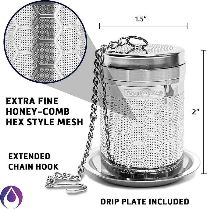 Sou Zen Tea Infuser (Single Pack) | Extra Fine Hex Mesh Loose Leaf Tea Strainer | 304 Stainless Steel Tea Steeper with Extended Chain Hook | Ideal for Brewing Loose Leaf Tea, Herbs & Spices