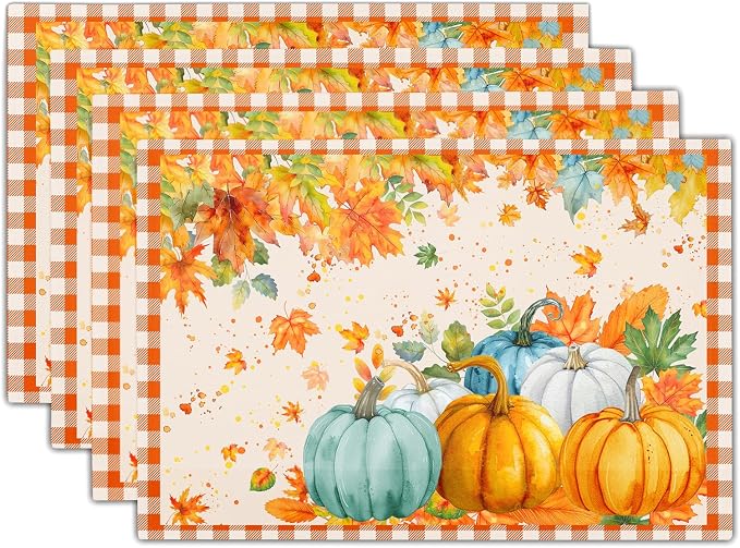 Fall Thanksgiving Placemats Set of 6 18x12 Inch Autumn Pumpkins Maple Leaves Linen Place Mats Heat-Resistant Washable Wipeable Orange Plaid Table Mat for Party Kitchen Dining Room Dinner Table Decor