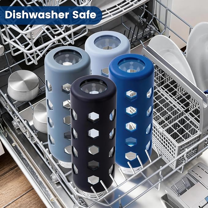 Mrsdry 18 oz Glass Water Bottles with Lids & Silicone Sleeves, 4-Pack | BPA Free, Leak-Proof Reusable Glass Drinking Bottles with Stainless Steel Airtight Cap for Juicing, Dishwasher Safe, Non-Slip