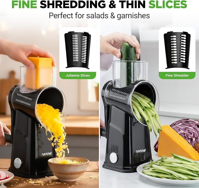 NutriChef 5 in 1 Cheese Grater & Shredder | 5 Different Blades for Thin, Thick, Julienne Strips, Wavy, & Straight Strips | Includes Hand Crank, Strong Suction Base & Storage Container | Black