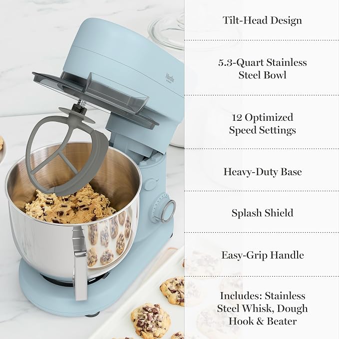 Martha Stewart 5.3QT Tilt Head Stand Mixer, 12 Speeds, Stainless Steel Bowl | Dough Hook, Stainless Whisk, Beater, Removable Splash Shield, Bread, Cake & Whipping, Electric Kitchen Mixer, Sky Blue