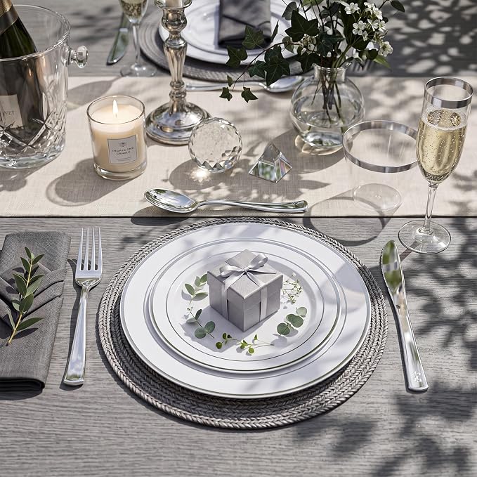 350Piece Silver Plastic Dinnerware Set for 50 Guests - Silver Plastic Plates with Cutlery Include:50Dinner Plates-50Dessert Plates-50Pre Rolled Napkins with Silverware Party Wedding