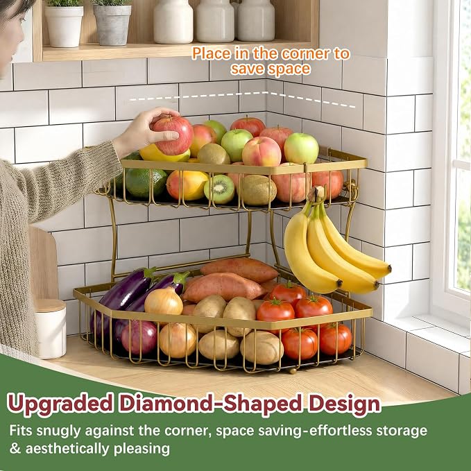 2 Tier Fruit Basket for Kitchen Counter with 2 Banana Hangers for Corner | Detachable Metal Fruit Bowl with Wooden Handle, Large Capacity Fruit Stand for Bread Fruit and Vegetable Storage, Gold