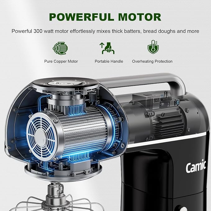 Camic Electric Stand Mixer,7.45 QT,10 Speeds with Dough Hook,Whisk, Flat Beater Attachments, Splash Guard, Easy-Carry Top Handle,3-IN-1 Kitchen Mixer for Baking Cakes Cookie Bread Salad (Black)
