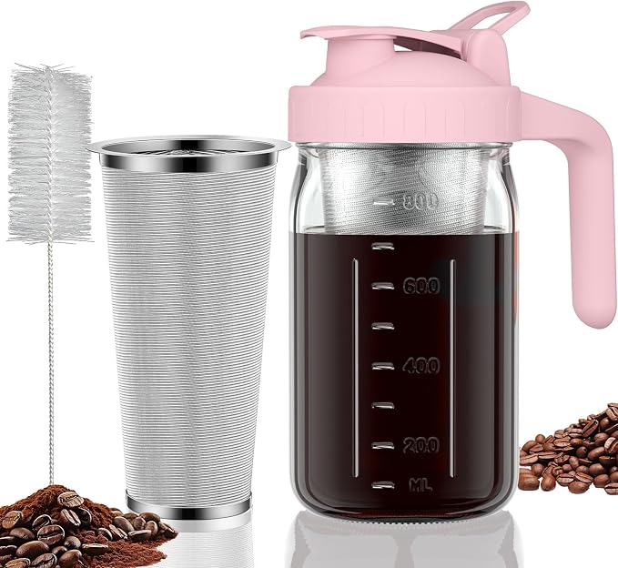 Cold Brew Coffee Maker, 32 oz Glass Mason Jar Pitcher | 100μm stainless steel filter, wide mouth design, leak-proof lid with handle, pour spout for iced coffee, tea and cold drinks
