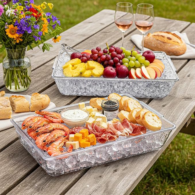 2 Pack Ice Chilled Serving Tray, Plastic Chilled Party Platter for Fruit, Veggie Trays Large Removable Serving Tray for Cold Dish, Ideal for Appetizers, Seafood, Desserts, Charcuterie Board