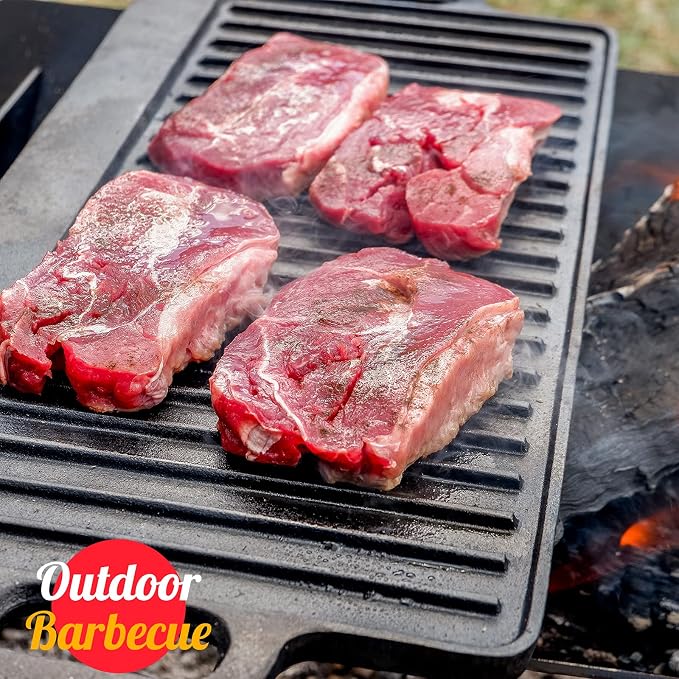 Overmont Reversible Cast Iron Grill - 17" x 9.8" Dual-Sided Griddle Pan | Pre-Seasoned Griddle Double Burner Cookware with Handles, for Gas Grill Stovetop Oven Campfire Camping BBQ, Scrapers Included