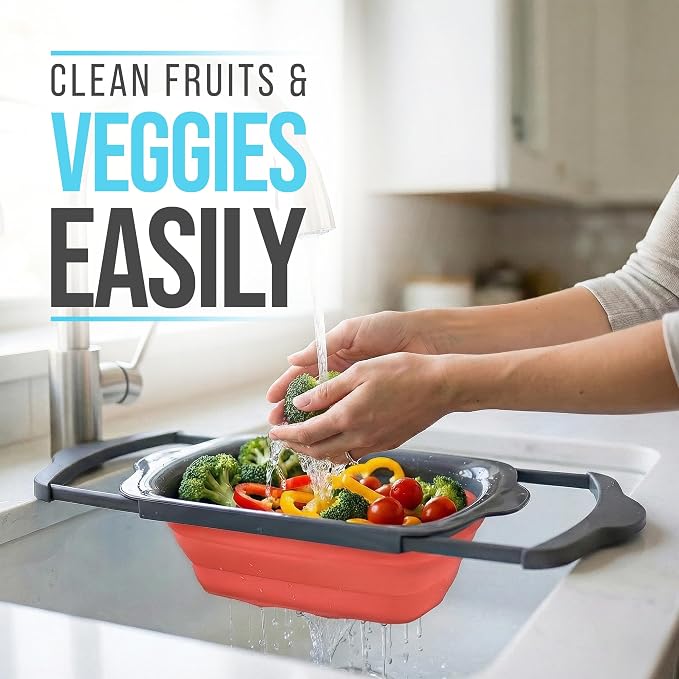Comfify Coral XL Collapsible Silicone Over Sink Colander – 6 Quart | Coral; extends 25" to span sink; both hands free; collapses flat; 6 Qt; heat resistant 176F; pasta, veg, fruit