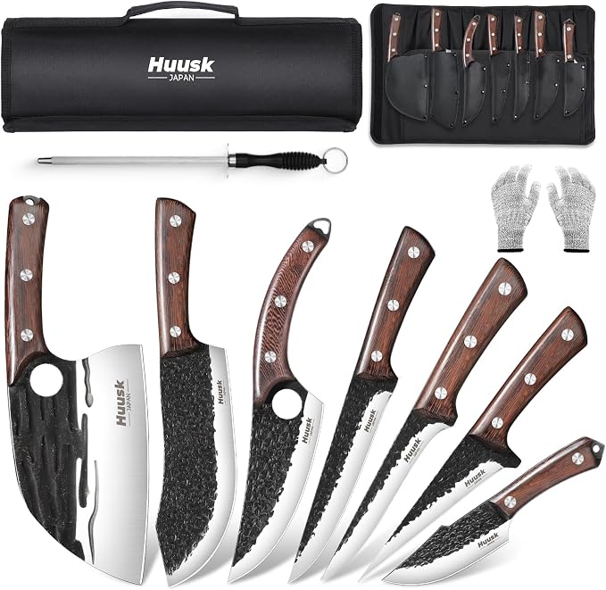 Huusk Butcher Knife Set with Roll Bag - 10PCS for Meat Processing Men Gift | High Carbon Steel, Ergonomic Ebony Grip, Viking Serbian Chef Meat Cleaver for BBQ Kitchen Outdoor Camping, Men Birthday Gift