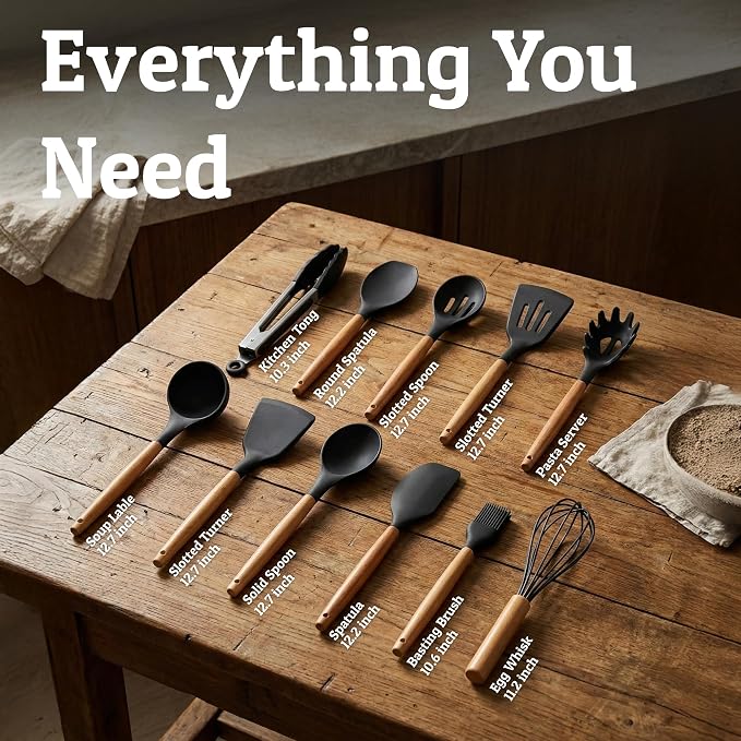 PriorityChef Silicone Cooking Utensil Set with Wooden Handles - Kitchen Utensils for Nonstick and Ceramic Cookware, Heat Resistant up to 446°F, Black