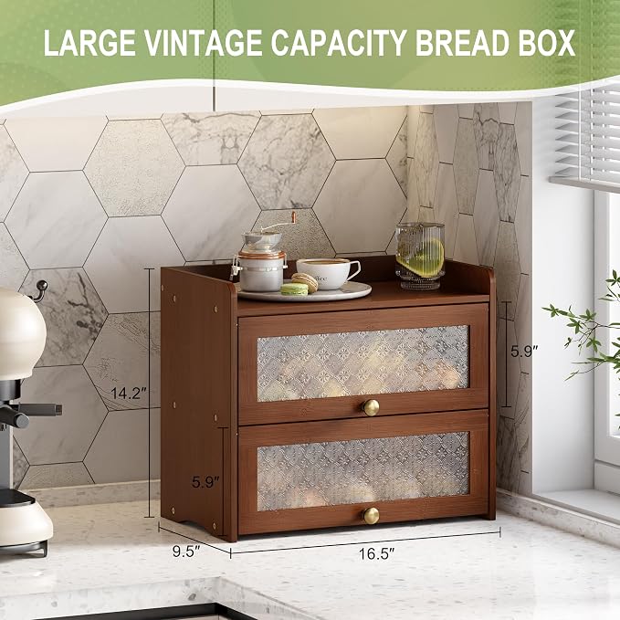 Large Vintage Bread Box for Kitchen Countertop Homemade Bread, Brown | Farmhouse Wooden Double Layer Breadbox Organizer Bread Holder Storage Container with Window
