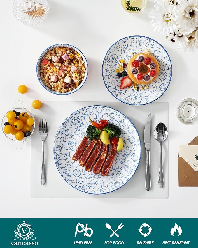 vancasso SELENE Plates and Bowls Set for 4, 12 Pieces Dinnerware Sets, Mircowave and Dishwasher Safe Dishes Set, Porcelain Pastel Dinnerware