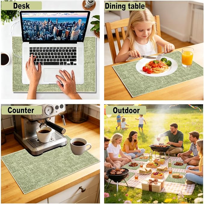 Faux Leather Placemats Set of 4, 11.8"x17.7", Grass Green | Reversible Table Mats, Waterproof, Stain & Heat Resistant, Easy Clean for Dining, Gatherings, Outdoor