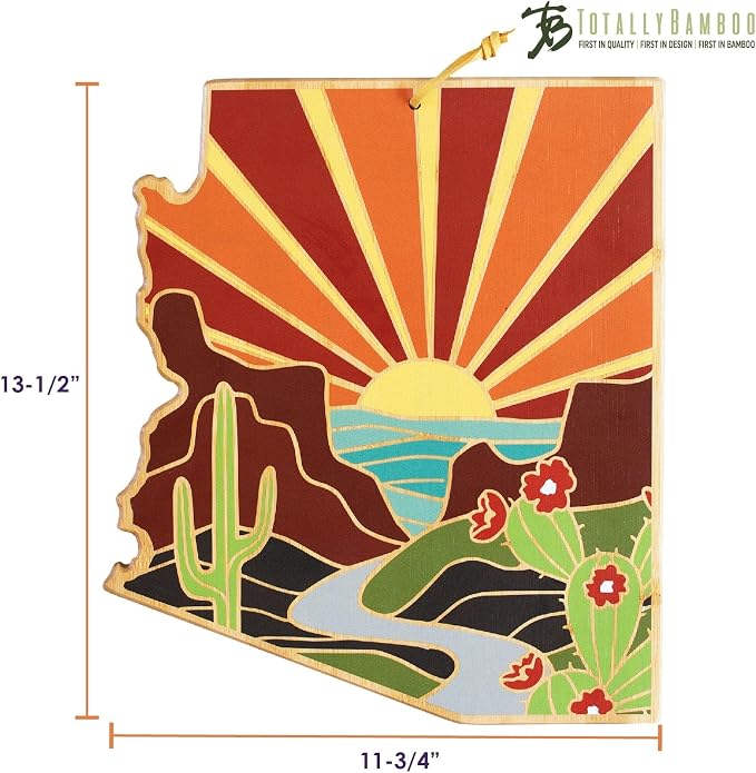 Totally Bamboo Arizona State Shaped Cutting Board, Summer Stokes Art | State charcuterie board with colorful hand-drawn landscape art. Smooth reverse side for food prep. Hang tie for wall display.
