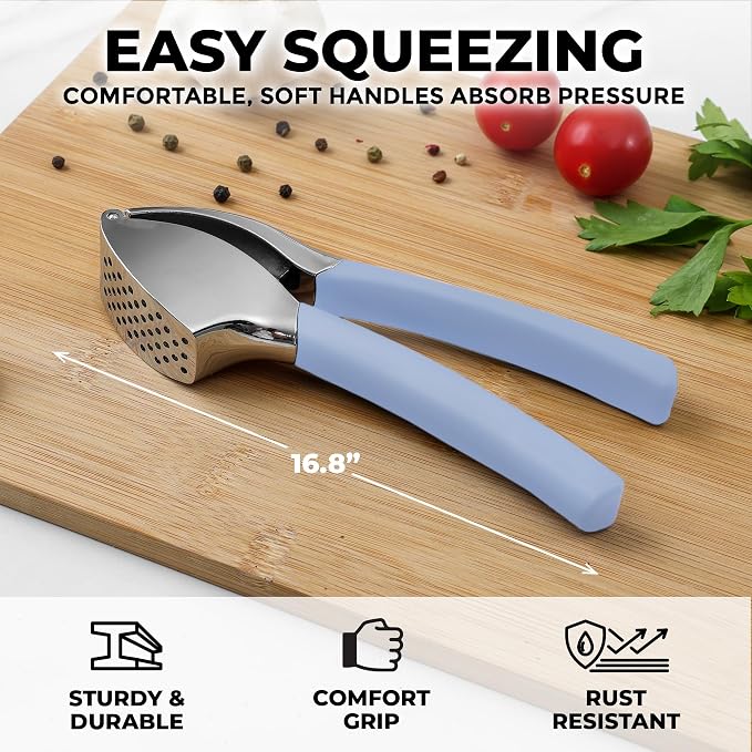 Zulay Kitchen Metal Comfort Grip Garlic Press | Garlic Mincer Tool - Garlic Crusher - Rust Proof Garlic Press, Ergonomic Handle, Easy Clean with Peeler and Brush - Baby Blue
