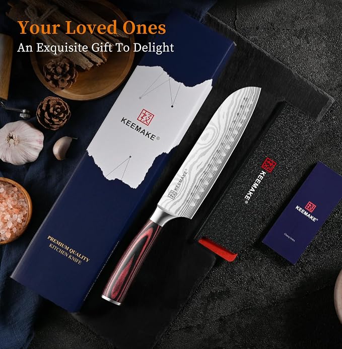 7" Santoku Knife, Razor Sharp Chef Knife with Ergonomic Handle | Japanese High Carbon Stainless Steel, 12° Bevel Angle, Professional Cooking Gadgets with Gift Box for Men and Women