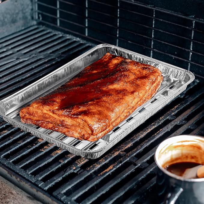 50 Pack Aluminum Grill Pans 9x13 Inch, Broiler Pans for Oven, Disposable Aluminum Grill Liners with Holes with Ribbed Bottom Surface for BBQ Foil Drip Roast Trays