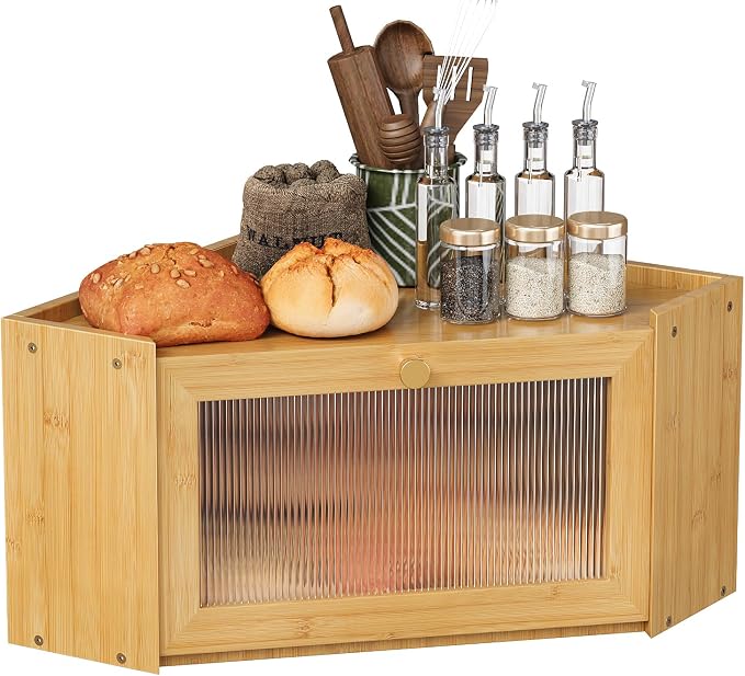 Trironsun Corner Bamboo Bread Box for Kitchen Counter Large Capacity Rustic Bread Storage Container with Wavy Arcylic Transparent Door Vintage Storage for Homemade Bread (Natural Bamboo)