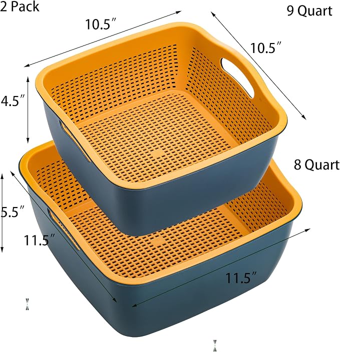 2 Pack 9 & 8 Quart Large Kitchen Strainer Colander Bowl Set, Double-Layer Plastic Fruits Vegetable Washing Basket, Drain Bowls for Cleaning Washing Mixing, Detachable (Blue, Orange)