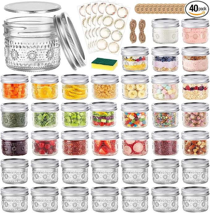 4 oz Small Embossed Mason Jars 40-Pack with Airtight Lids, Leakproof | Mini Canning Jars, Reusable, for Jam/Jelly/Honey, Spices, DIY Candles, Wedding Favors & Gift Packaging