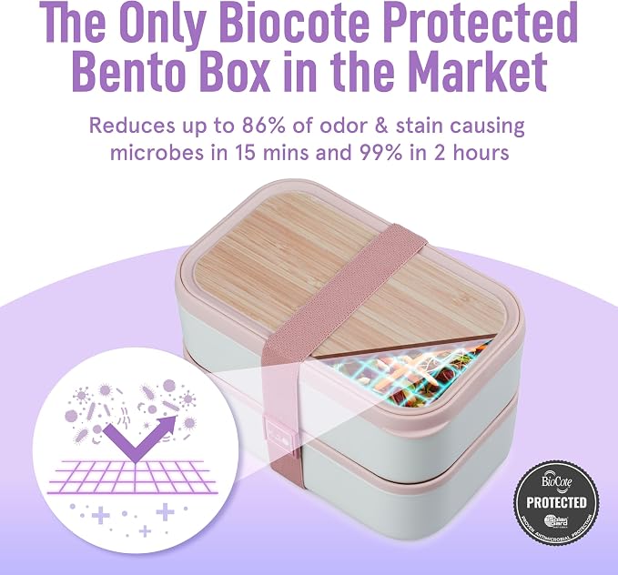 Double Premium Bento Box Adult, 67oz, Portion Control, Dusty Pink | 68 oz Capacity, Stackable Containers, Leak-Proof Design, Includes Dividers, Great for Meal Prep, Office Lunchbox