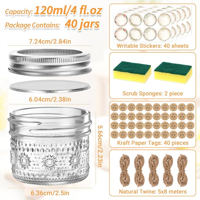 4 oz Small Embossed Mason Jars 40-Pack with Airtight Lids, Leakproof | Mini Canning Jars, Reusable, for Jam/Jelly/Honey, Spices, DIY Candles, Wedding Favors & Gift Packaging