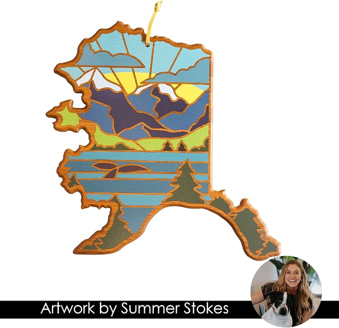 Totally Bamboo Alaska State Shaped Cutting Board, Summer Stokes Art | State charcuterie board with colorful hand-drawn landscape art. Smooth reverse side for food prep. Hang tie for wall display.