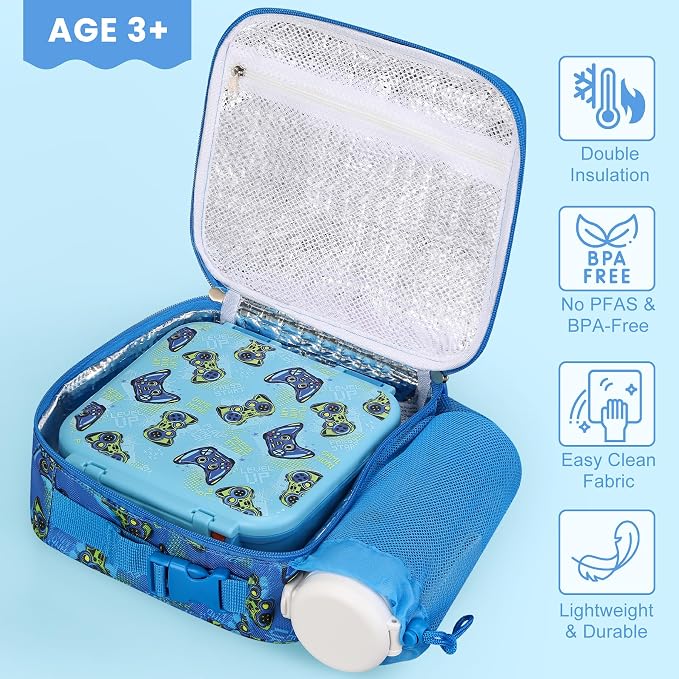 Kids Lunch Box Set with Bento Box, 9oz Stainless Steel Thermo & Insulated Lunch Bag – Hot & Cold Leakproof Lunch Container with Utensils for School & Travel, Blue Set