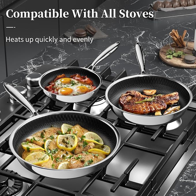 Innerwell Nonstick Titanium Ceramics Stainless Steel Frying Pan Set | Non Stick Egg Omelet Cooking Pan Set, Stay Cool Handle, Induction & Oven Safe, PFAS/PFOA/PTFE Free