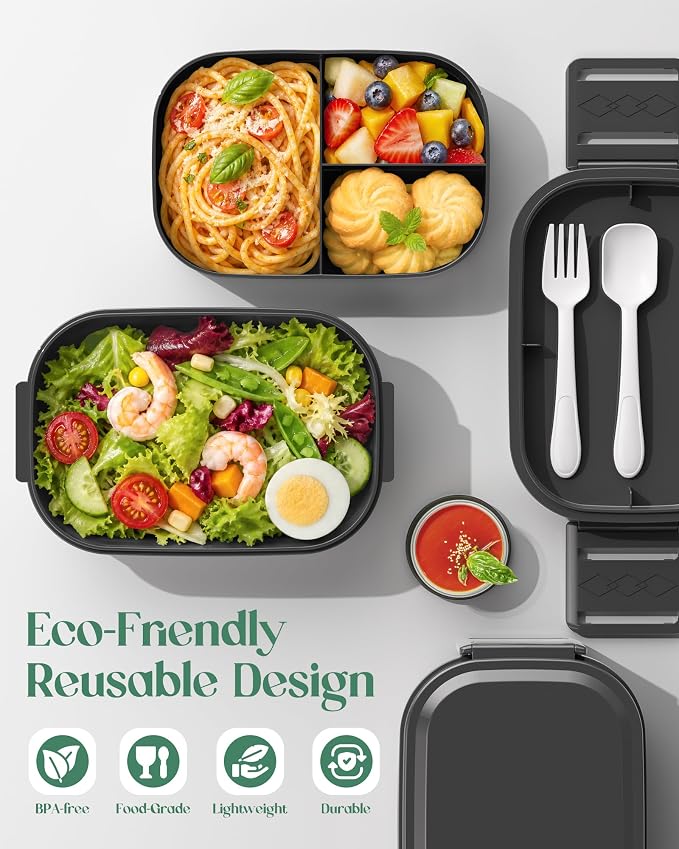 Bento Lunch Box, 65 oz 3-Tier Stackable Lunch Container, Adjustable 2/3 Tier Design, BPA-Free Food-Grade Plastic, Leakproof, Microwave & Dishwasher Safe, Black