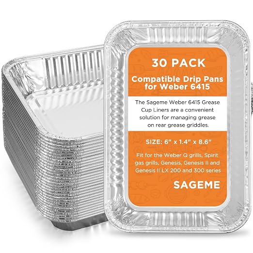 30 Pack Weber Grills Compatible Drip Pans 6415 for Weber Grills Spirit Gas Grills, Q Grills, Genesis and Genesis II LX 200 300 Series Disposable Aluminum Foil Grease Trays 6 x 1.4 x 8.6 Inches