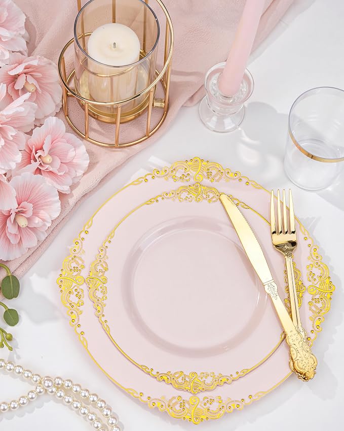 Nervure 700Pcs Pink Plastic Plates, Plastic Dinnerware Set for 100 Guests | 100 7.5" Dessert & 100 10.25" Dinner Plastic Plate, 300 Silverware, 100 10oz Cups, 100 Napkin for Wedding & Party, BPA-free