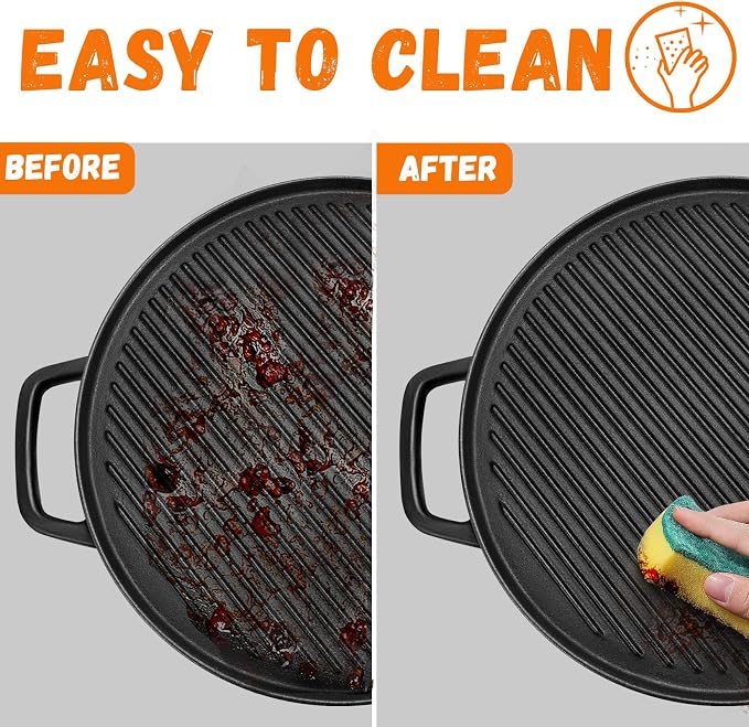 GGC Reversible Cast Iron Griddle for Stove Top, 14" Round Griddle Pan | Double Sided Griddle Plate Perfect for Gas Grills and Outdoor Cooking, Baking Flat and Ribbed Grill Griddle