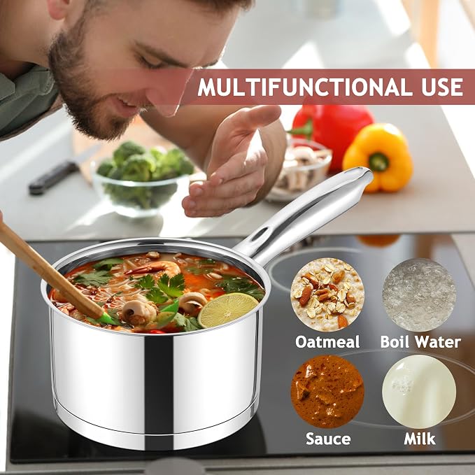 E-far Stainless Steel Saucepan with Lid, 3 Quart Sauce Pan Induction Pot for Cooking, Boiling, Compatible with All Stoves, Healthy & Non Toxic, Oven & Dishwasher Safe